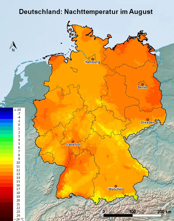 Deutschland August Nachttemperatur