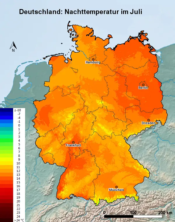 Deutschland Juli Nachttemperatur
