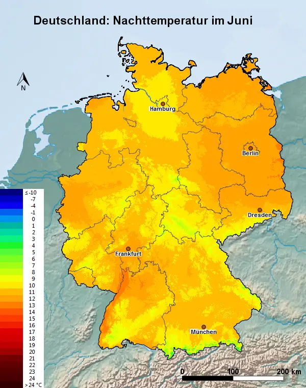Deutschland Juni Nachttemperatur