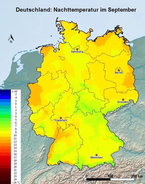 Deutschland September Nachttemperatur