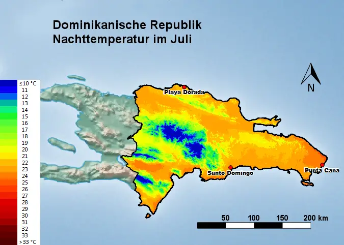 Dominikanische Republik Nachttemperatur Juli