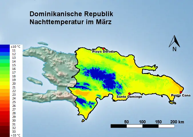 Dominikanische Republik Nachttemperatur März