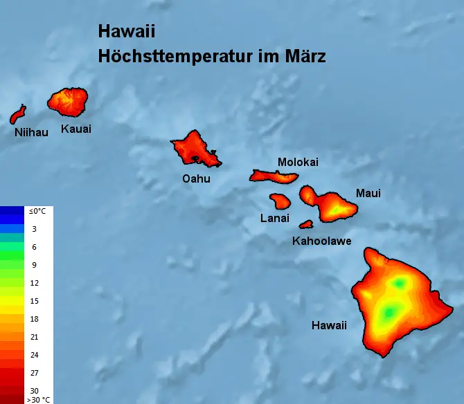 Hawaii Höchsttstemperatur März