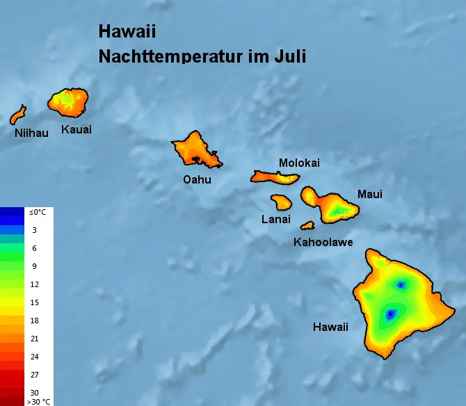 Hawaii Nachttemperatur Juli