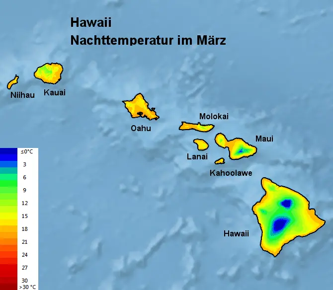 Hawaii Nachttemperatur März