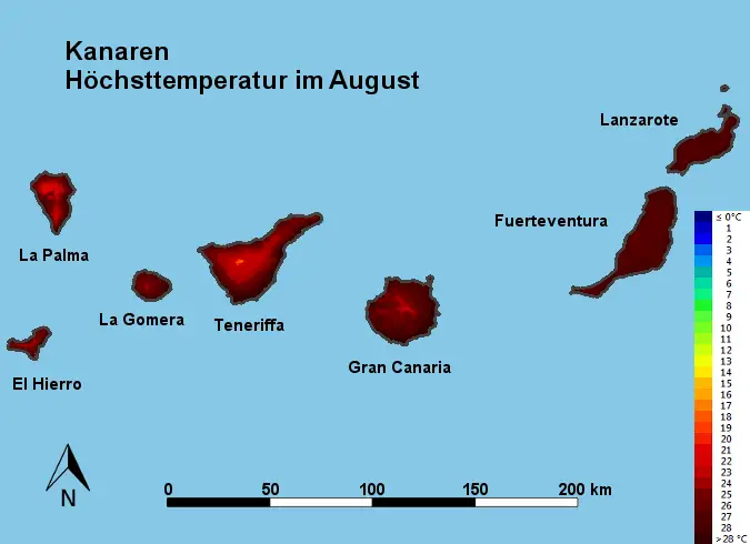 Kanaren Höchsttstemperatur August