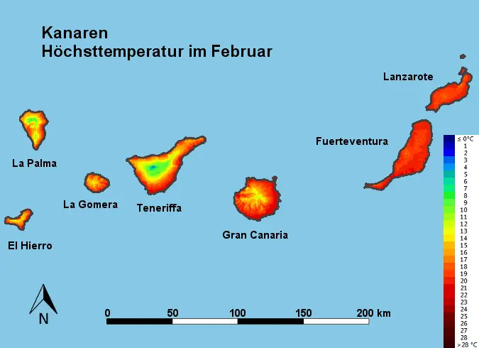 Kanaren Höchsttstemperatur Februar