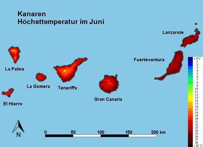 Kanaren Höchsttstemperatur Juni