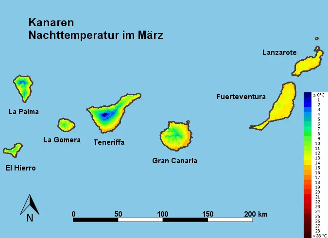 Kanaren Nachttemperatur März