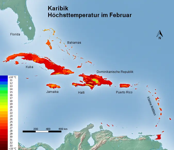 Karibik Höchsttstemperatur Februar