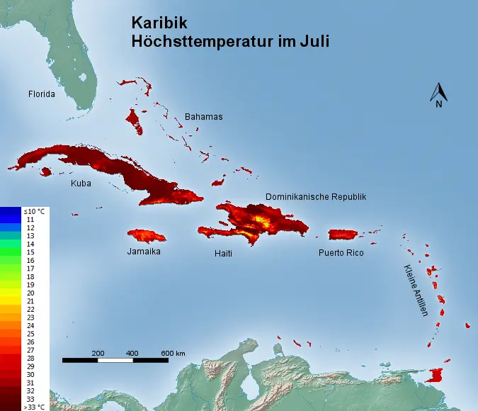 Karibik Höchsttstemperatur Juli