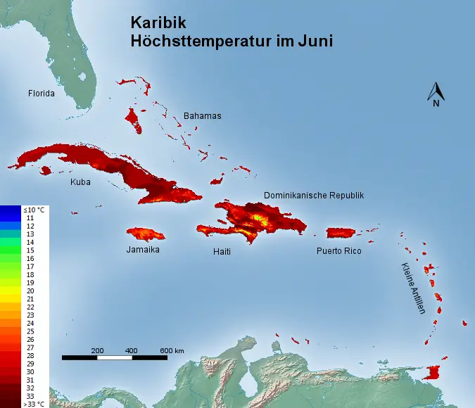 Karibik Höchsttstemperatur Juni