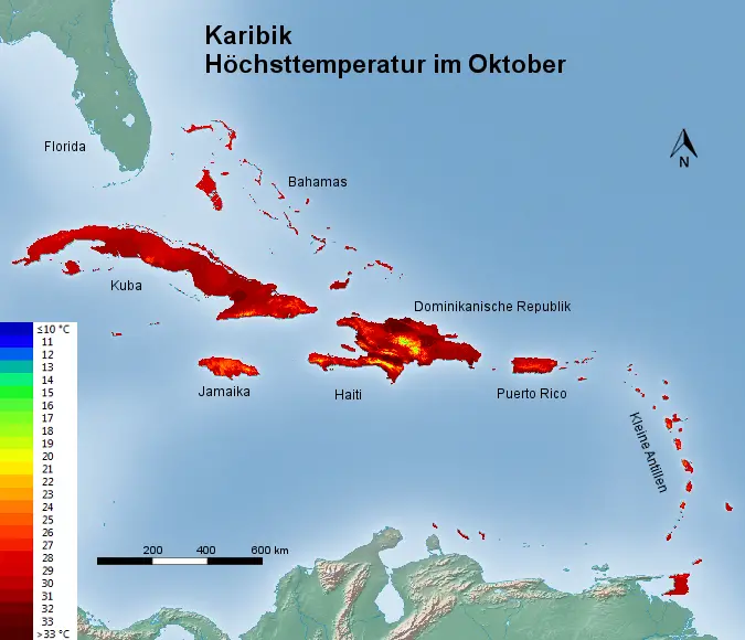 Karibik Höchsttstemperatur Oktober