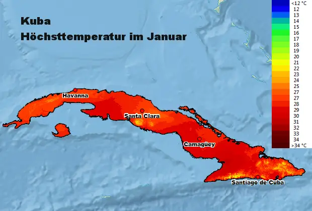 Kuba Höchsttstemperatur Januar