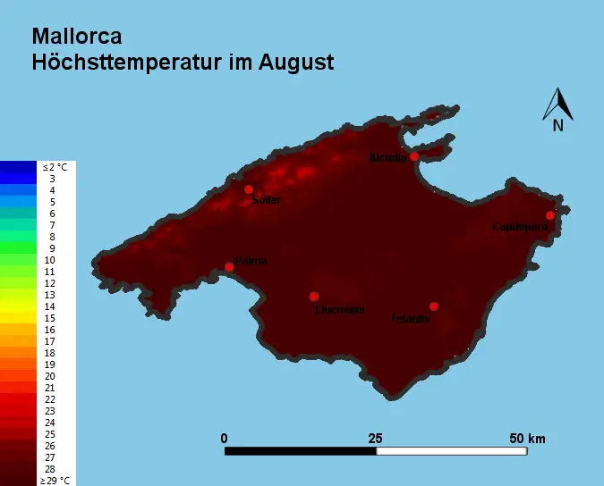 Mallorca Höchsttstemperatur August