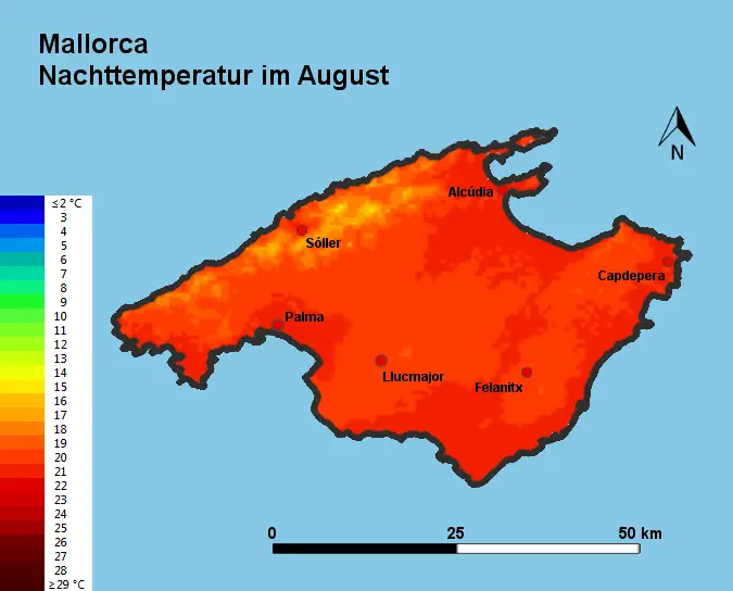 Mallorca Nachttemperatur August