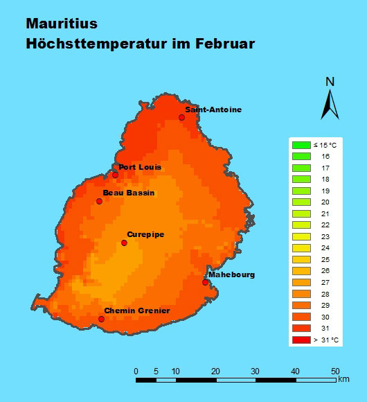 Mauritius Höchsttemperatur Februar