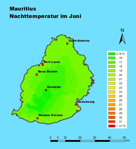 Mauritius Nachttemperatur im Juni
