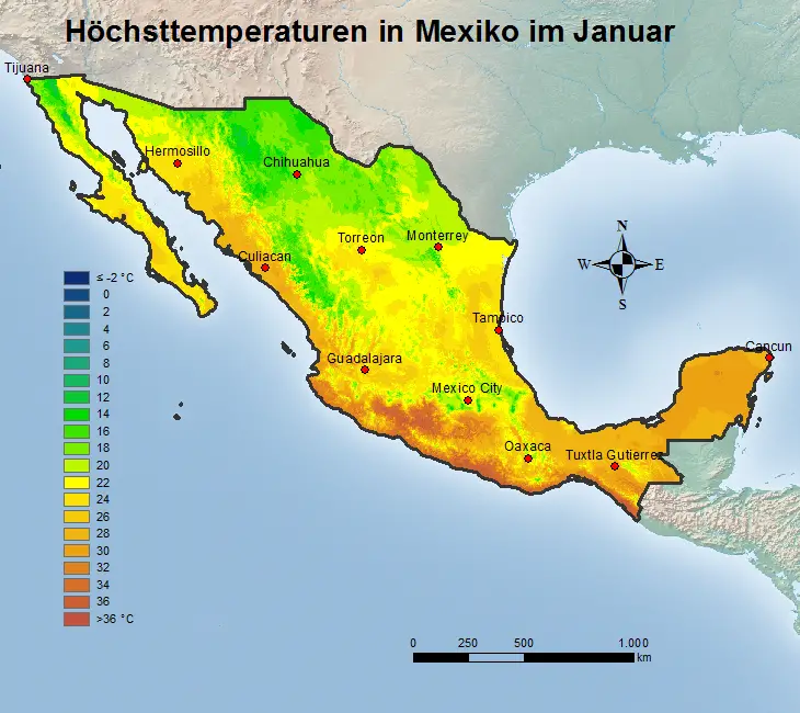 Mexiko Höchsttstemperatur Januar