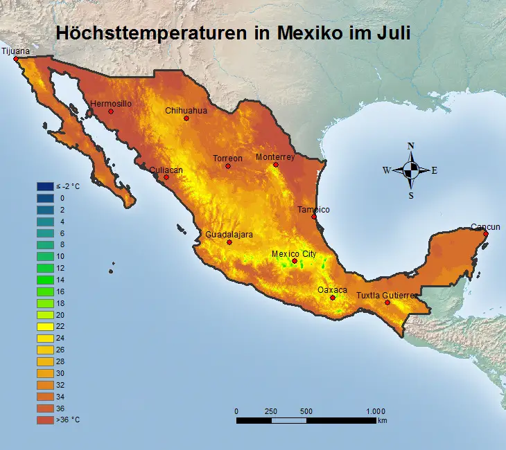 Mexiko Höchsttstemperatur Juli
