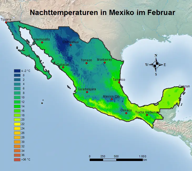 Mexiko Nachttemperatur Februar