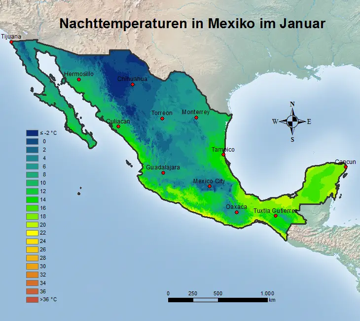 Mexiko Nachttemperatur Januar
