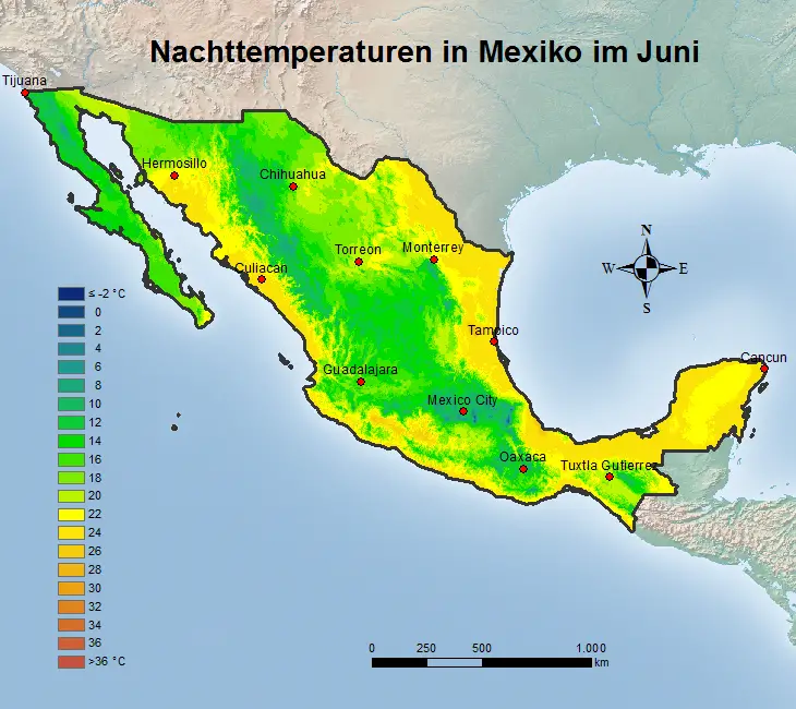 Mexiko Nachttemperatur Juni