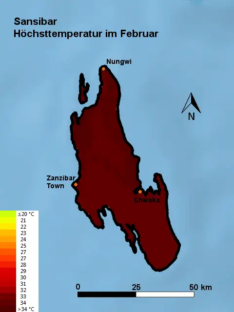 Sansibar Höchsttstemperatur Februar