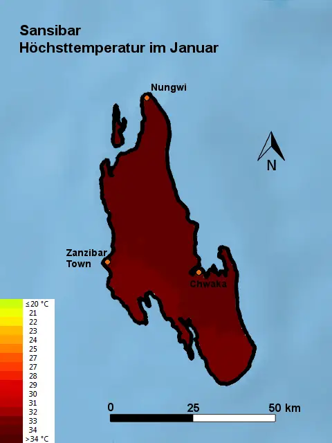 Sansibar Höchsttstemperatur Januar