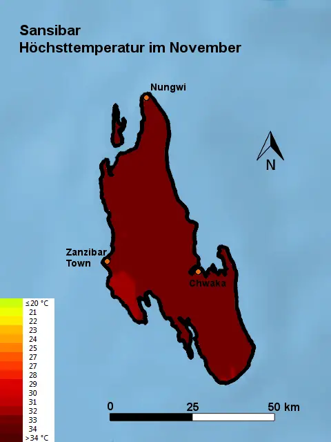 Sansibar Höchsttstemperatur November
