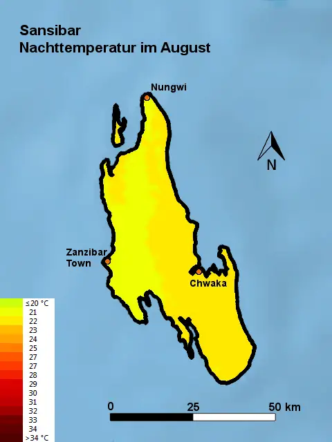 Sansibar Nachttemperatur August