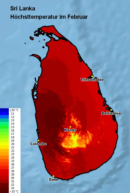 Sri Lanka Höchsttstemperatur Februar