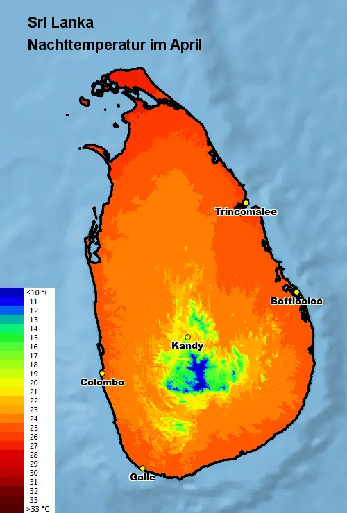 Sri Lanka Nachttemperatur April