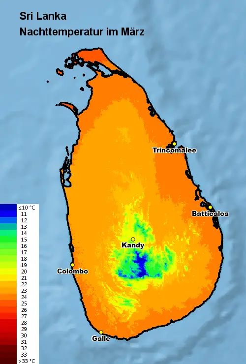 Sri Lanka Nachttemperatur März