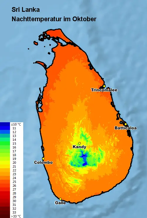 Sri Lanka Nachttemperatur Oktober