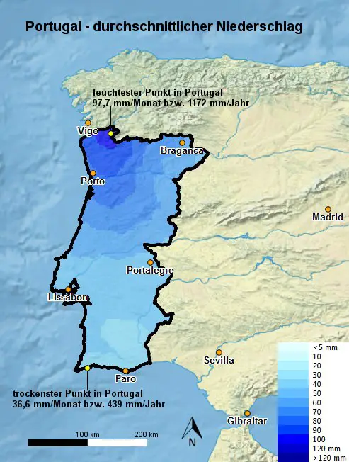 Regen in Portugal Durchschnitt