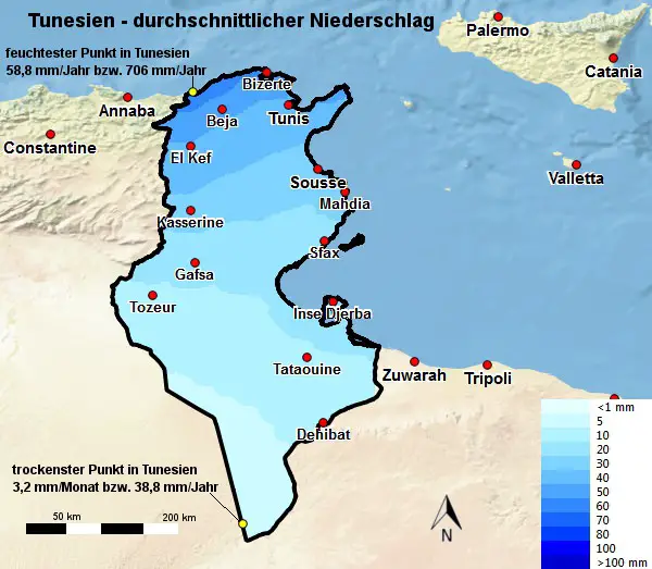 Tunesien Regen Durchschnitt