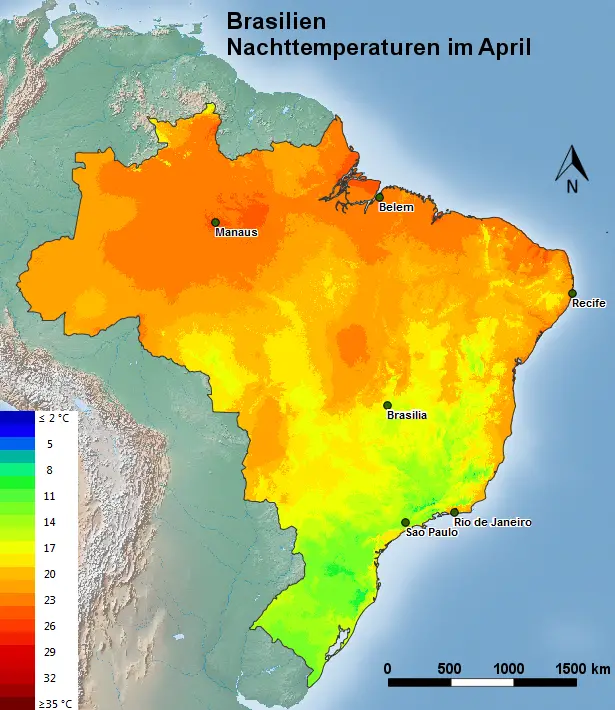 Brasilien Nachttemperatur im April