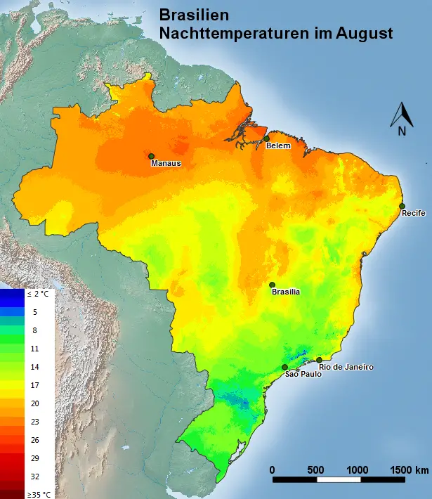 Brasilien Nachttemperatur im August