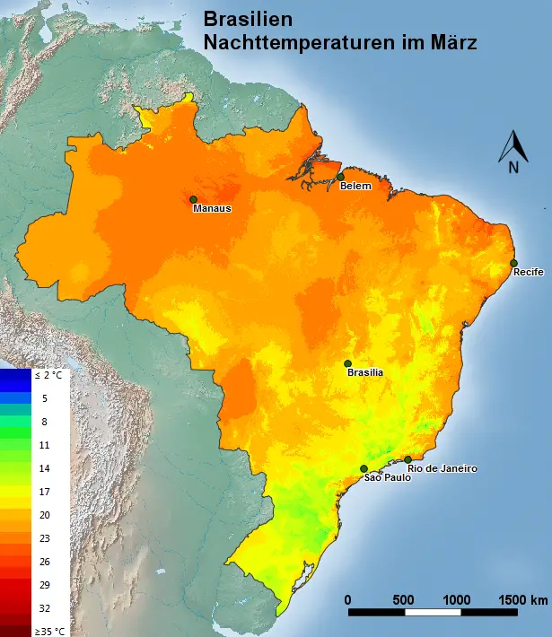 Brasilien Nachttemperatur im März