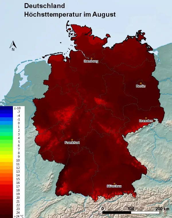 Deutschland August Höchsttemperatur