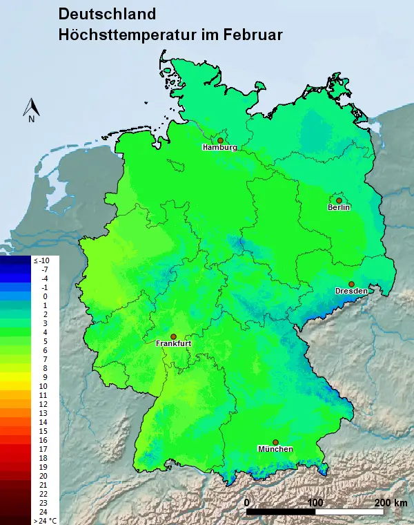 Deutschland Februar Höchsttemperatur
