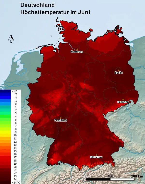 Deutschland Juni Höchsttemperatur