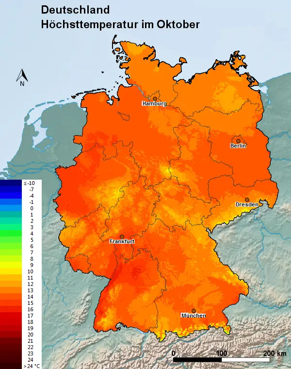 Deutschland Oktober Höchsttemperatur