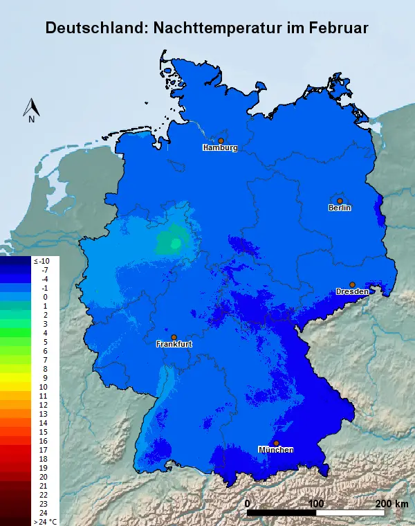 Deutschland Februar Nachttemperatur
