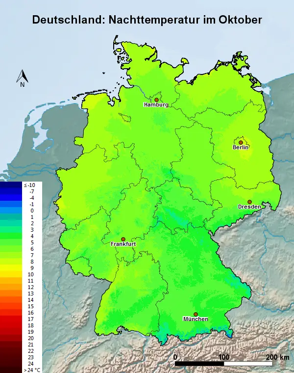 Deutschland Oktober Nachttemperatur