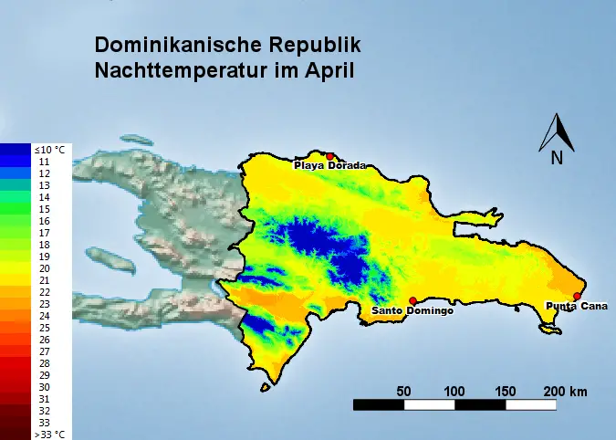 Dominikanische Republik Nachttemperatur April