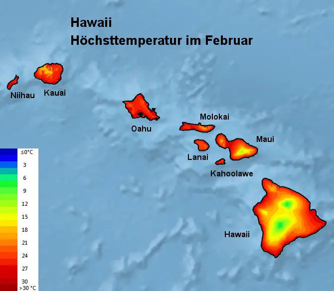 Hawaii Höchsttstemperatur Februar