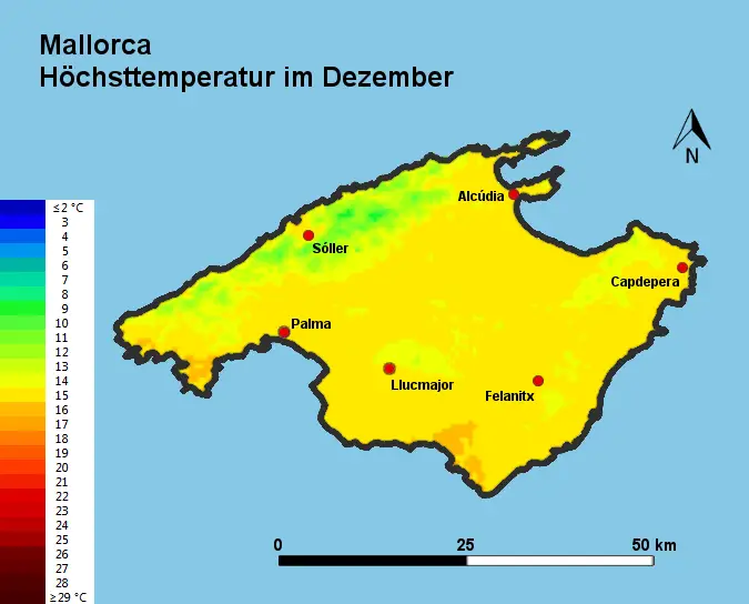 Mallorca Höchsttstemperatur Dezember