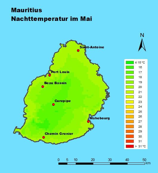 Mauritius Nachttemperatur im Mai